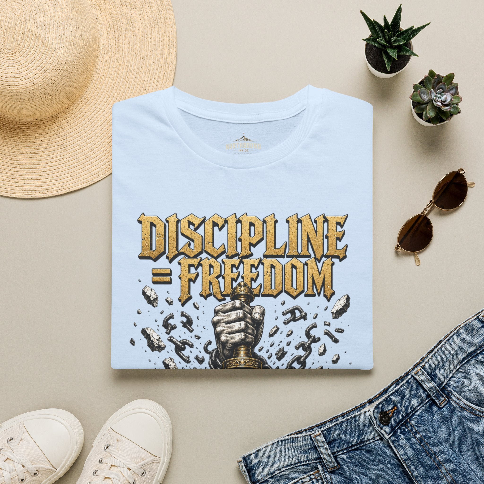 Discipline = Freedom T-Shirt — Motivational Sword & Fist Design