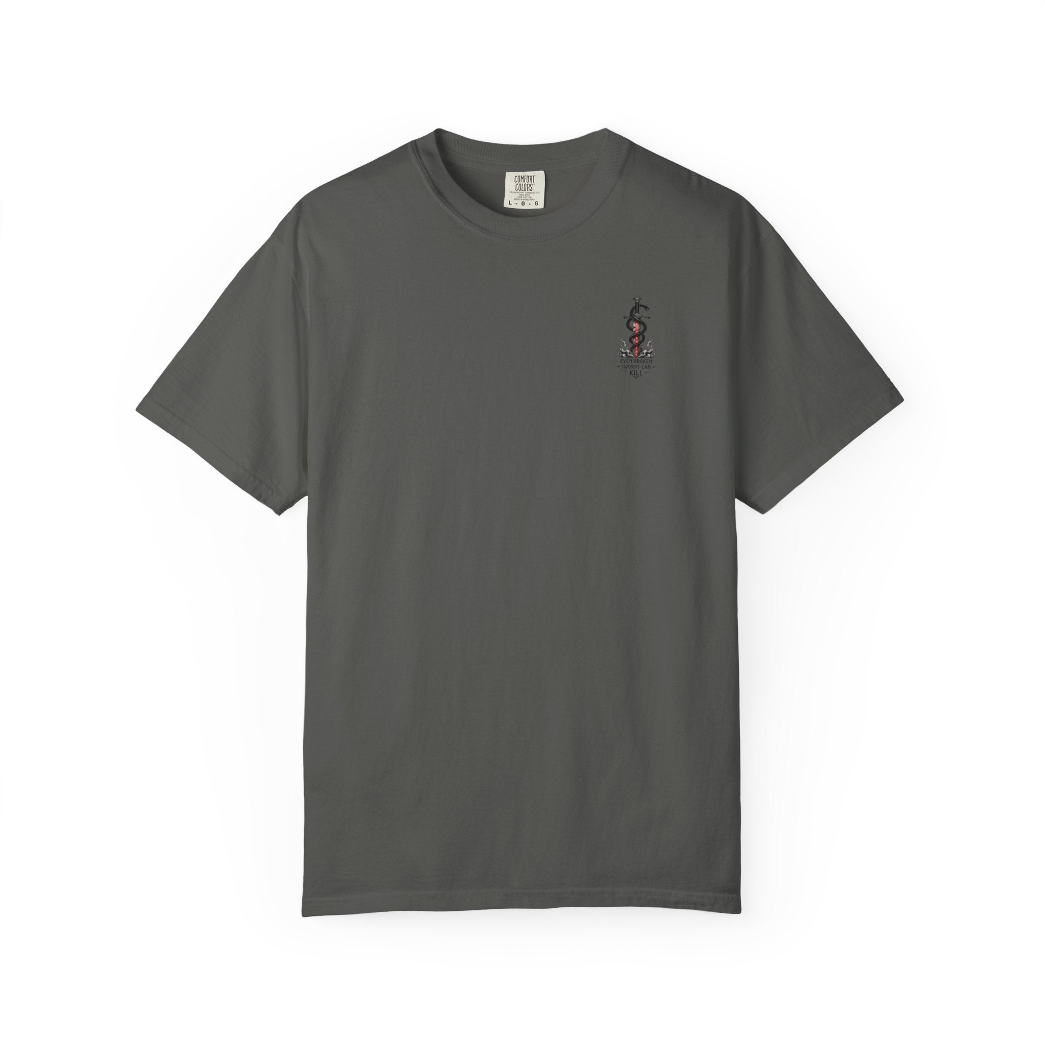 Graphic T-Shirt — 'Even Broken Swords Can Kill' Snake & Sword Back Print