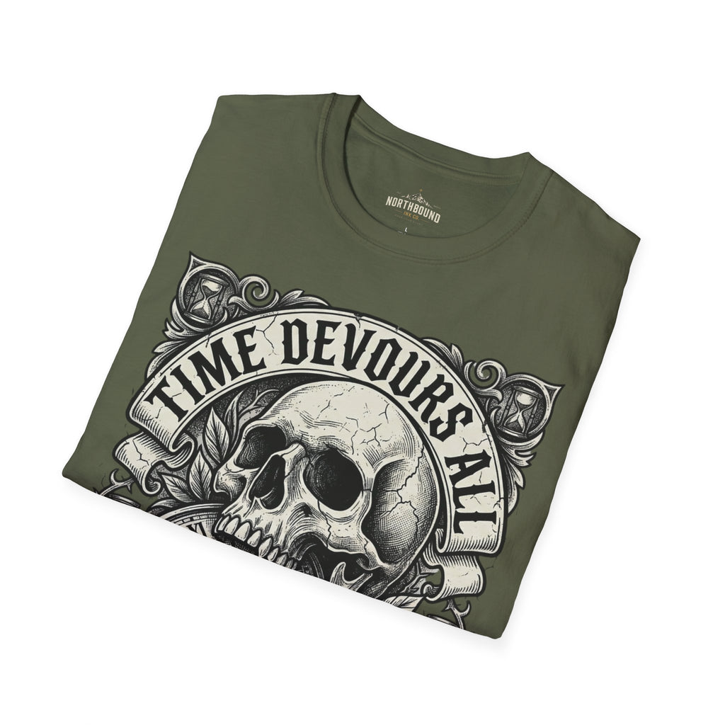 Time Devours All Skull T-Shirt – Vintage Gothic Skull & Pocket Watch Tee