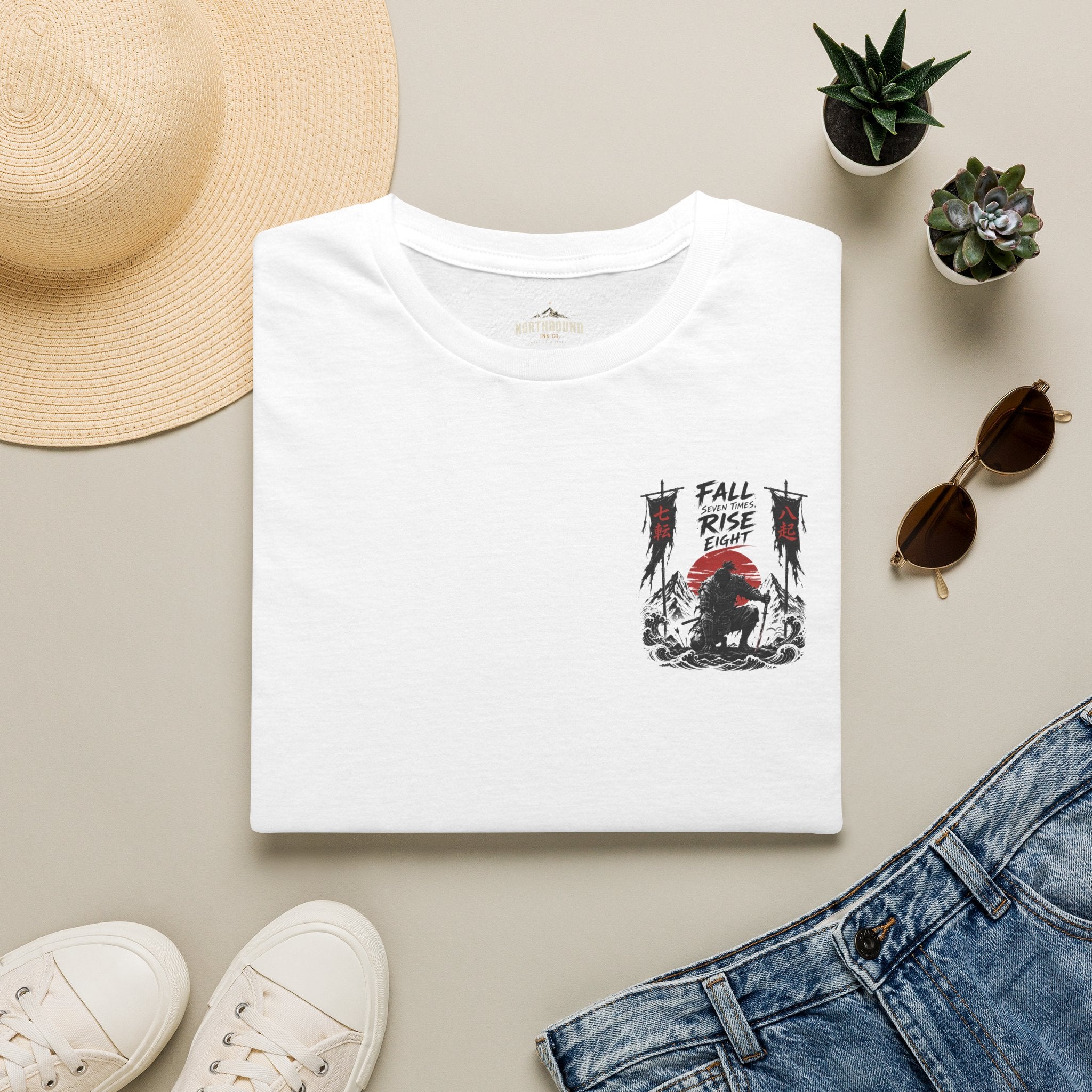 T-Shirt — 'Fall, Rise, Repeat' Samurai Chest Print