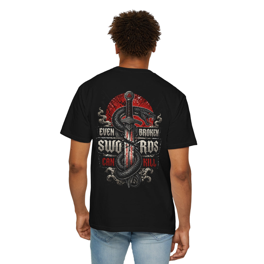 Graphic T-Shirt — "Even Broken Swords Can Kill" Snake & Dagger Back Print