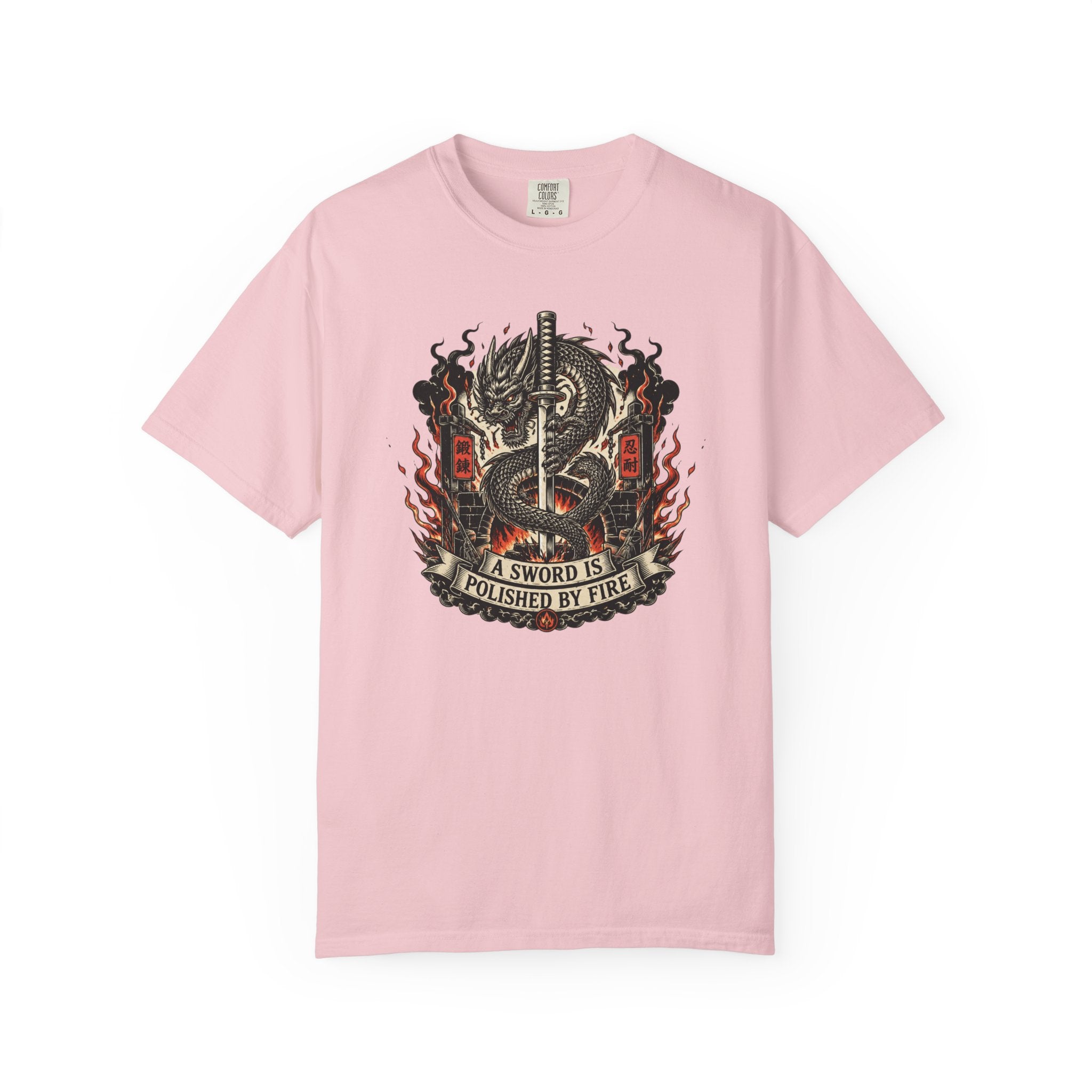 Sword & Flame Graphic T-Shirt — "A Sword Is Polished By Fire"