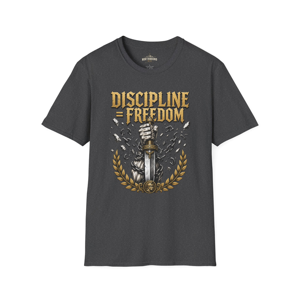 Discipline = Freedom T-Shirt — Motivational Sword & Fist Design