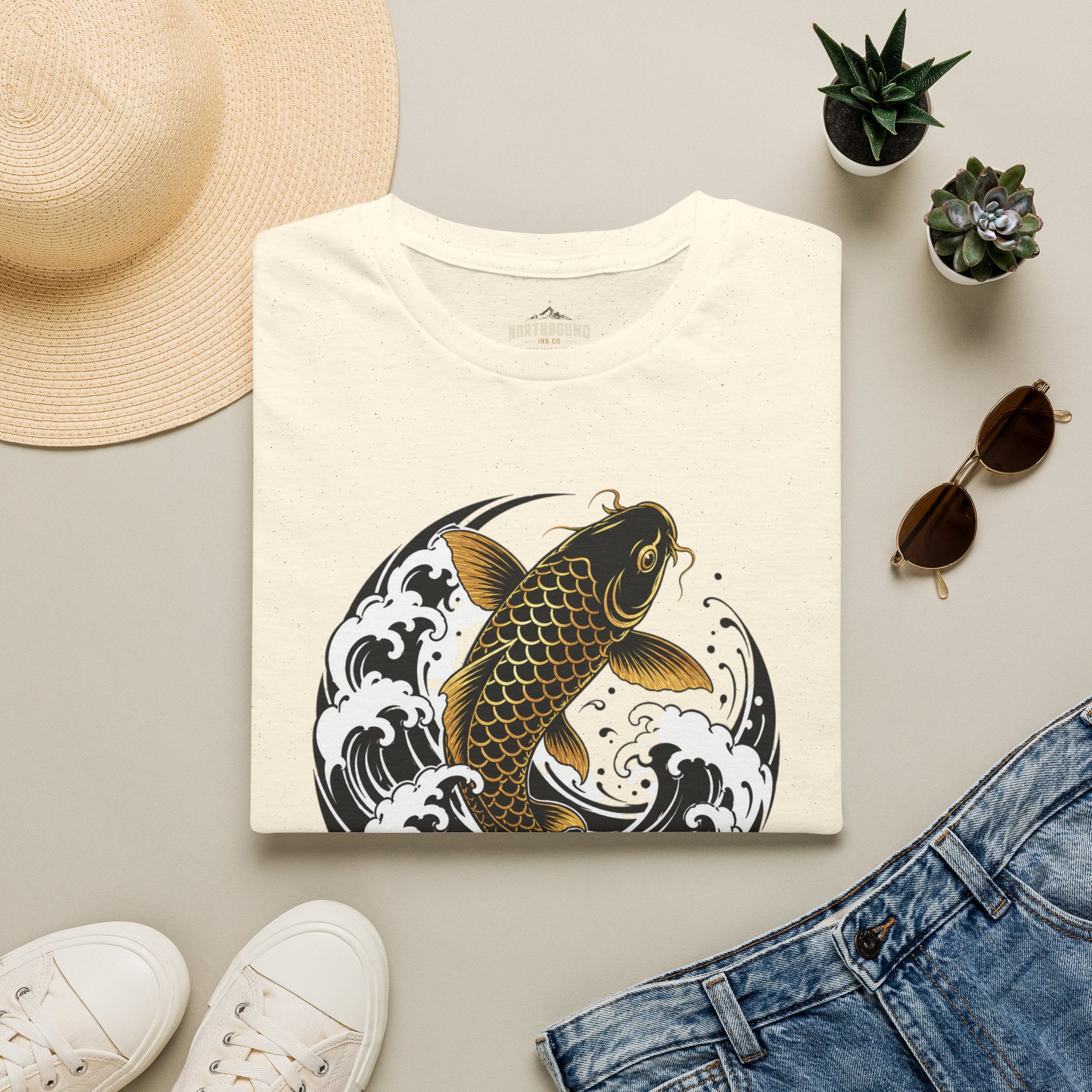 Koi Fish T-Shirt — Black & Gold Japanese Wave Graphic