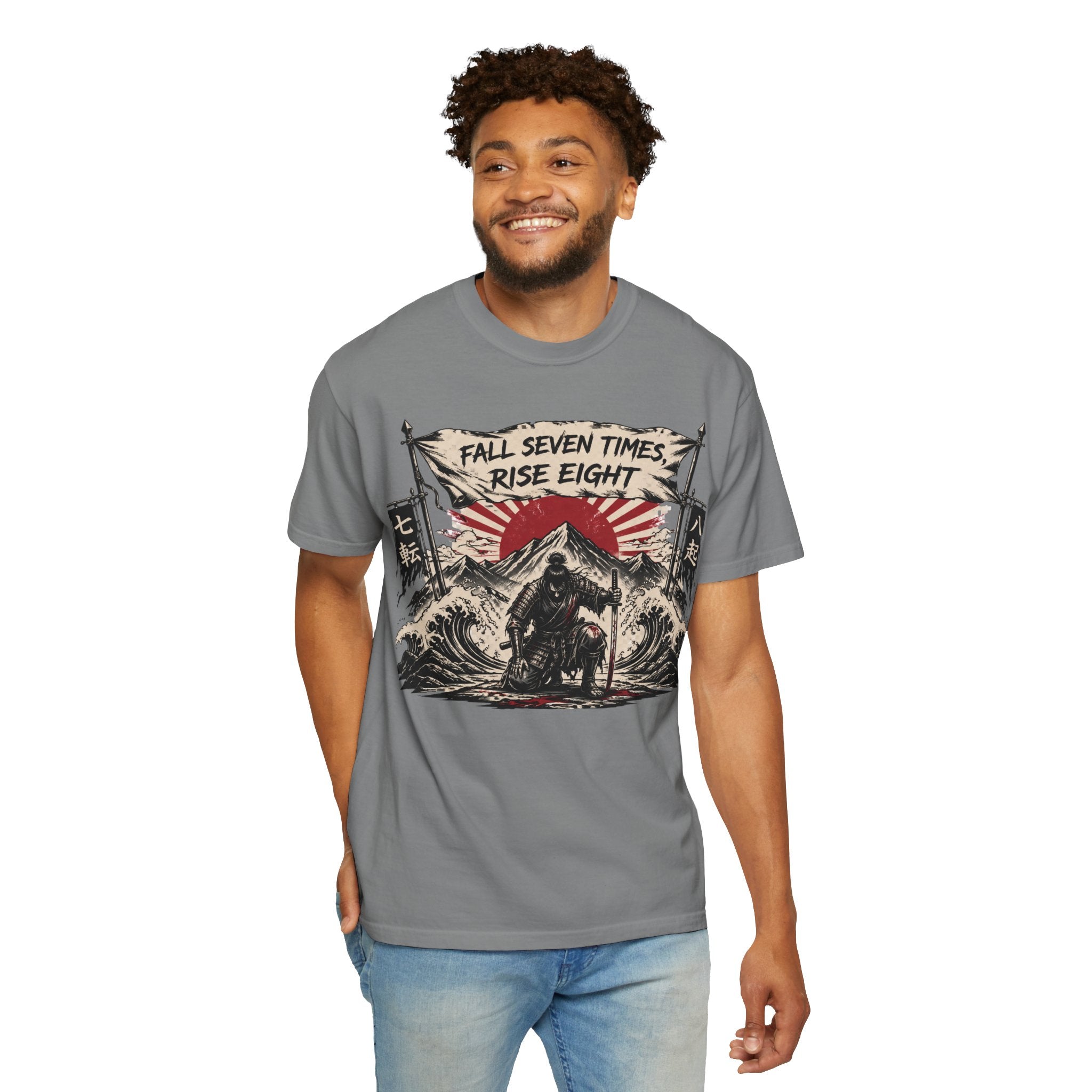 T-Shirt — "Fall Seven Times, Rise Eight" Samurai Graphic Tee