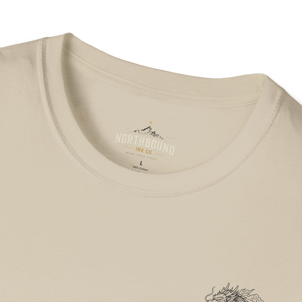 Dragon Crest Pocket T-Shirt — Small Intricate Dragon Chest Graphic