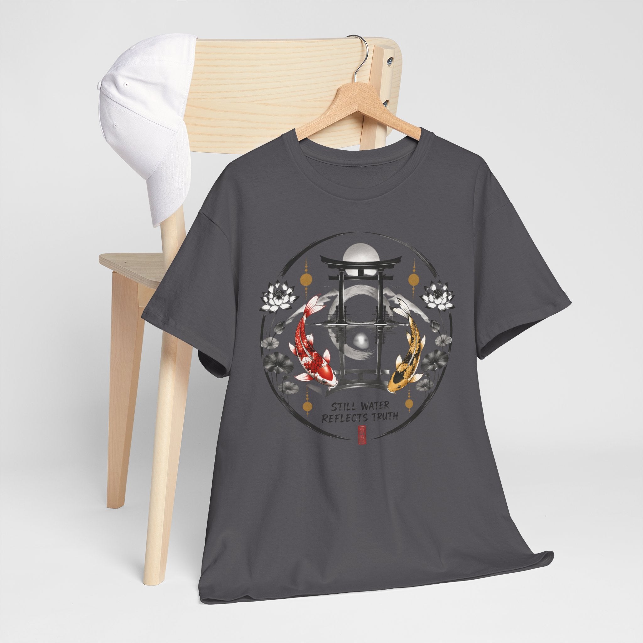 Koi Pond Tee — 'Still Water Reflects Truth' Japanese Torii Graphic T-Shirt