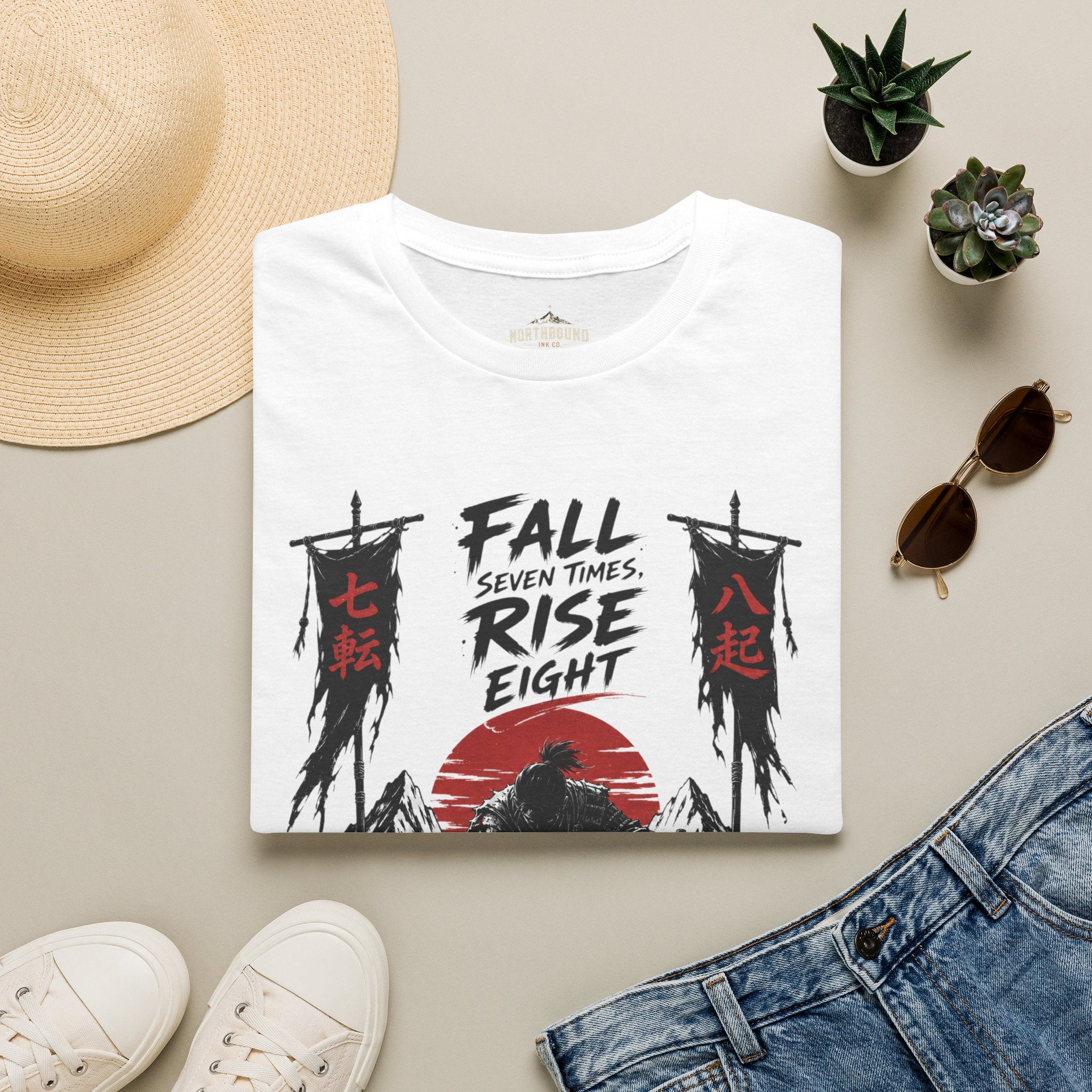 T-Shirt — “Fall Seven Times, Rise Eight” Samurai Graphic Tee