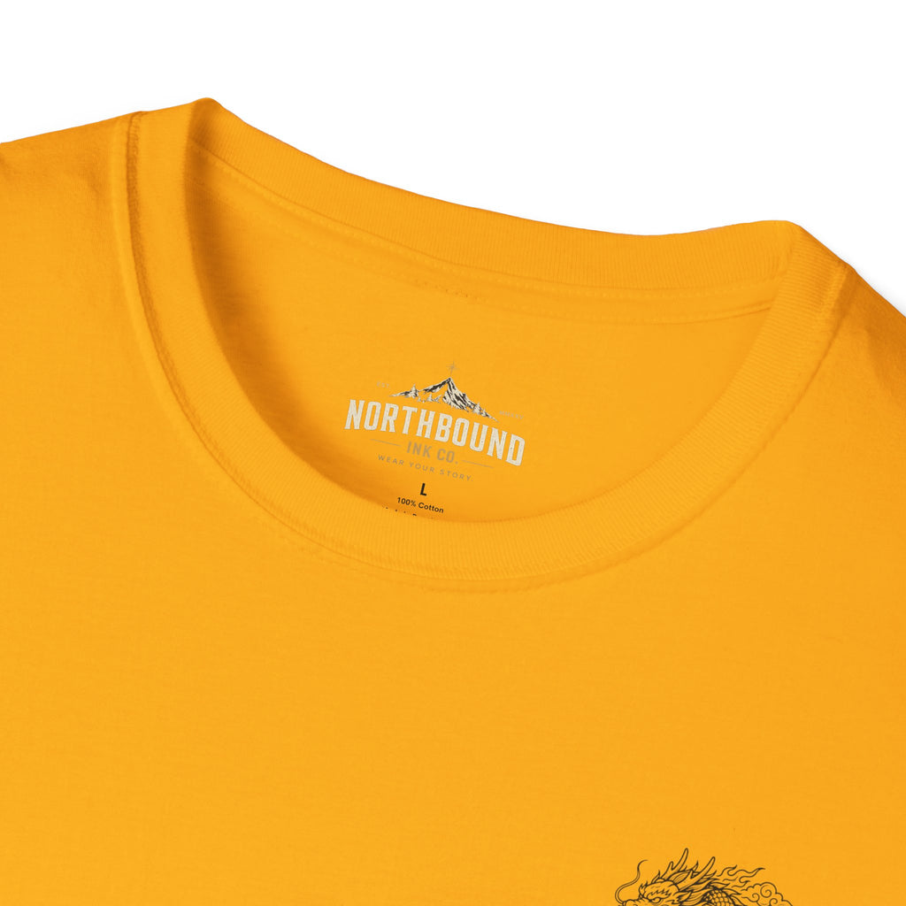 Dragon Crest Pocket T-Shirt — Small Intricate Dragon Chest Graphic
