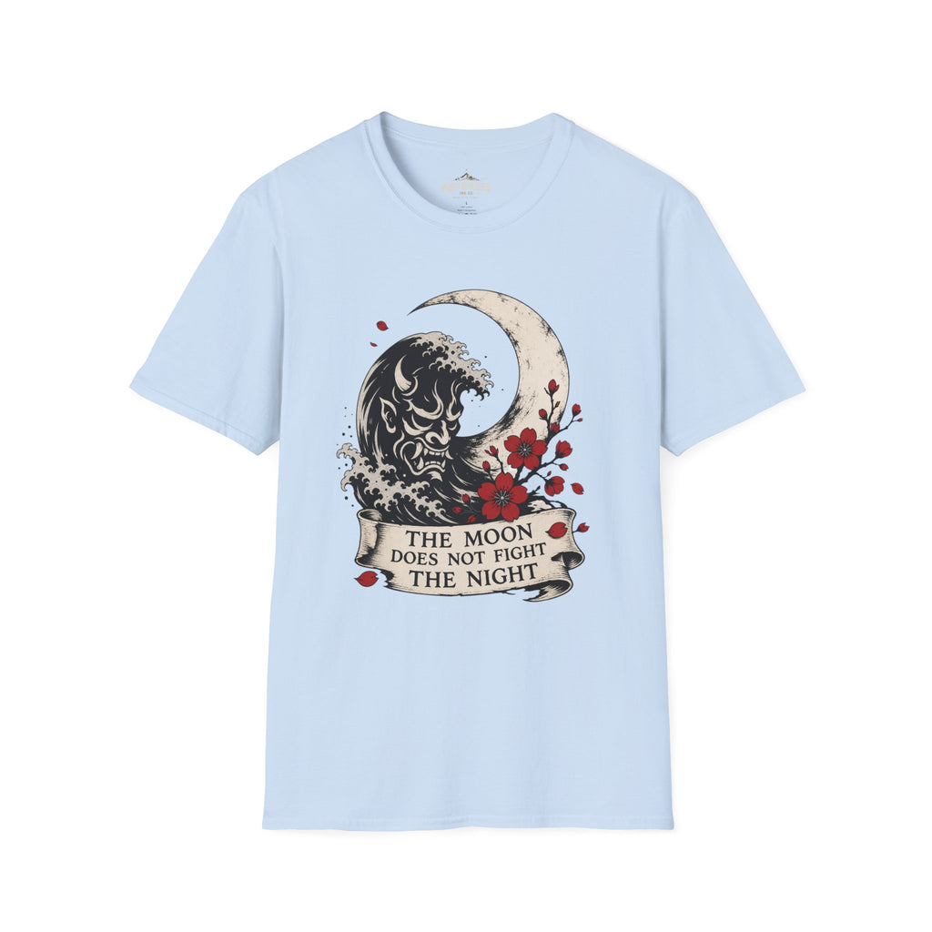 Moon & Wave Graphic T-Shirt — “The Moon Does Not Fight The Night” Inspirational Tee