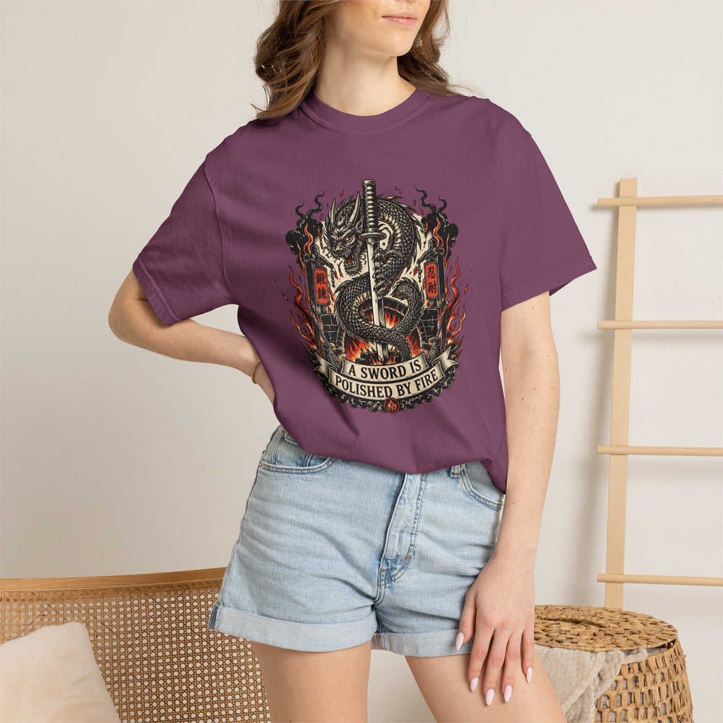 Sword & Flame Graphic T-Shirt — "A Sword Is Polished By Fire"