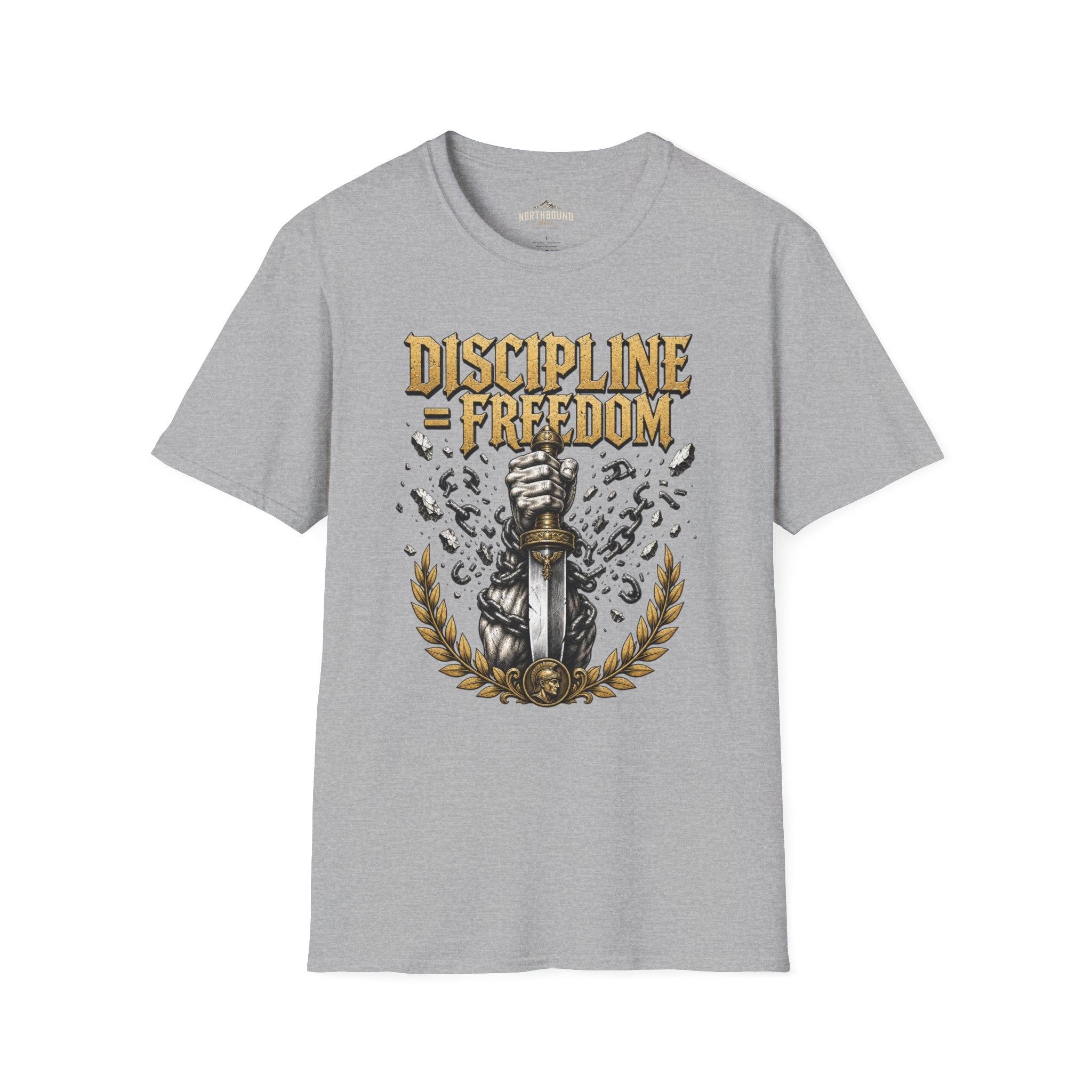 Discipline = Freedom T-Shirt — Motivational Sword & Fist Design
