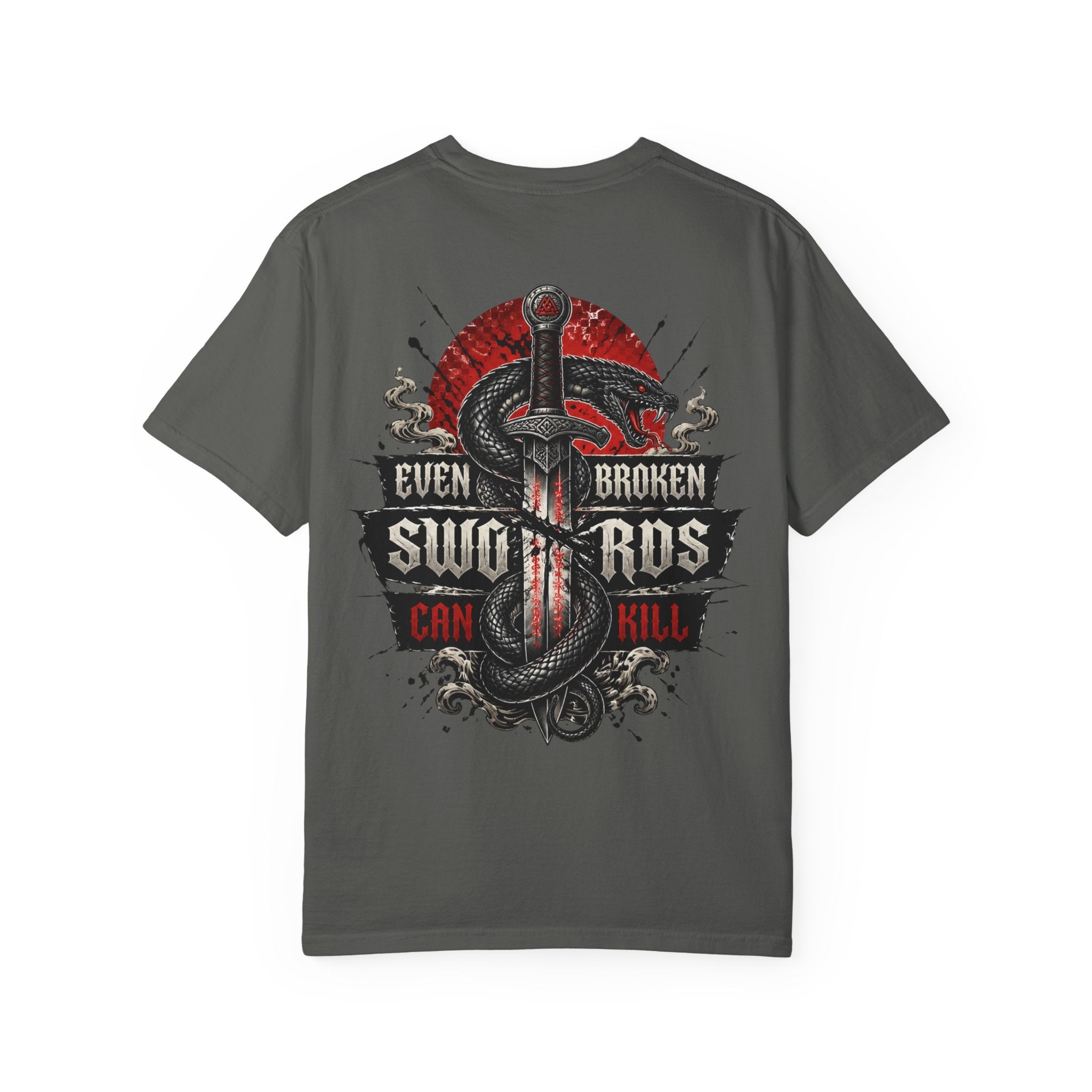 Graphic T-Shirt — "Even Broken Swords Can Kill" Snake & Dagger Back Print