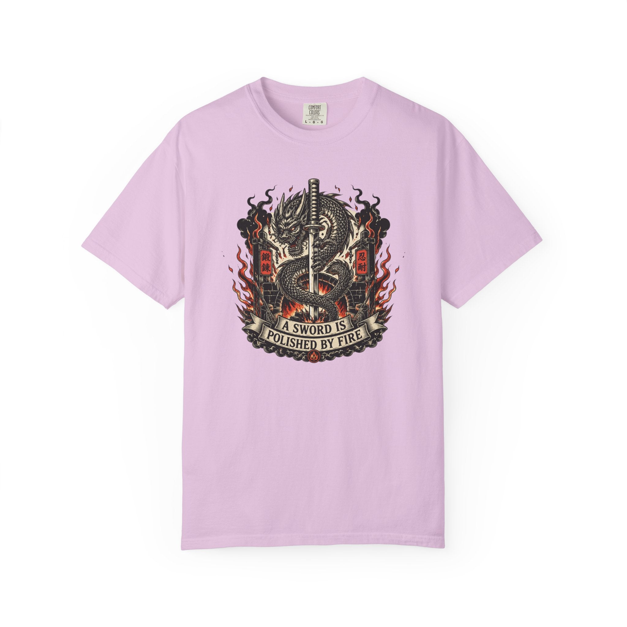 Sword & Flame Graphic T-Shirt — "A Sword Is Polished By Fire"