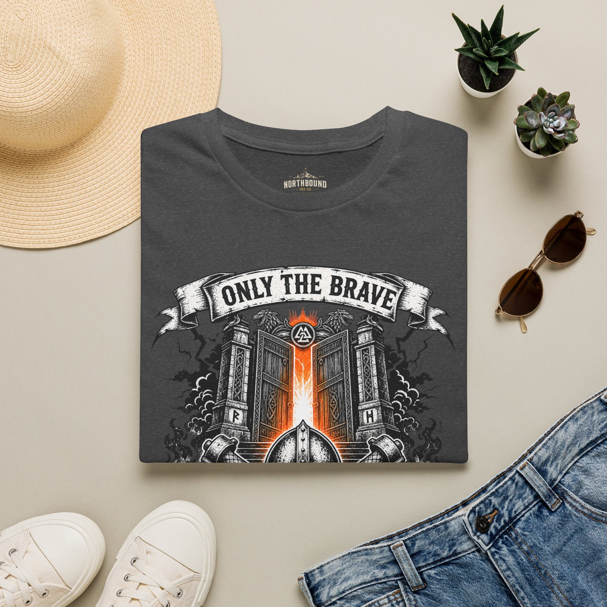 Only The Brave T-Shirt — Gothic Knight Helmet & Castle Illustration