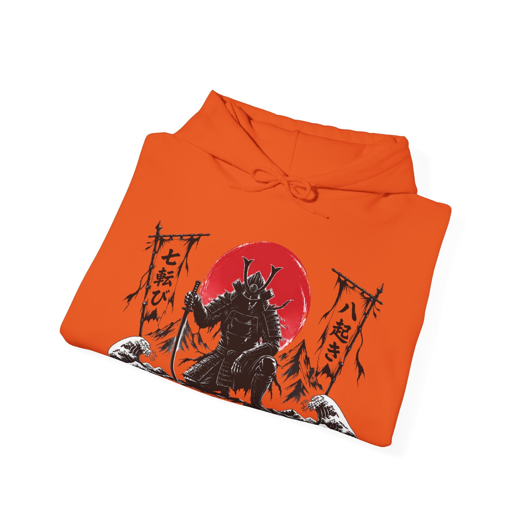 Hoodie — Samurai Wolf Graphic "Fall Seven Times, Rise Eight" Japanese Sunrise