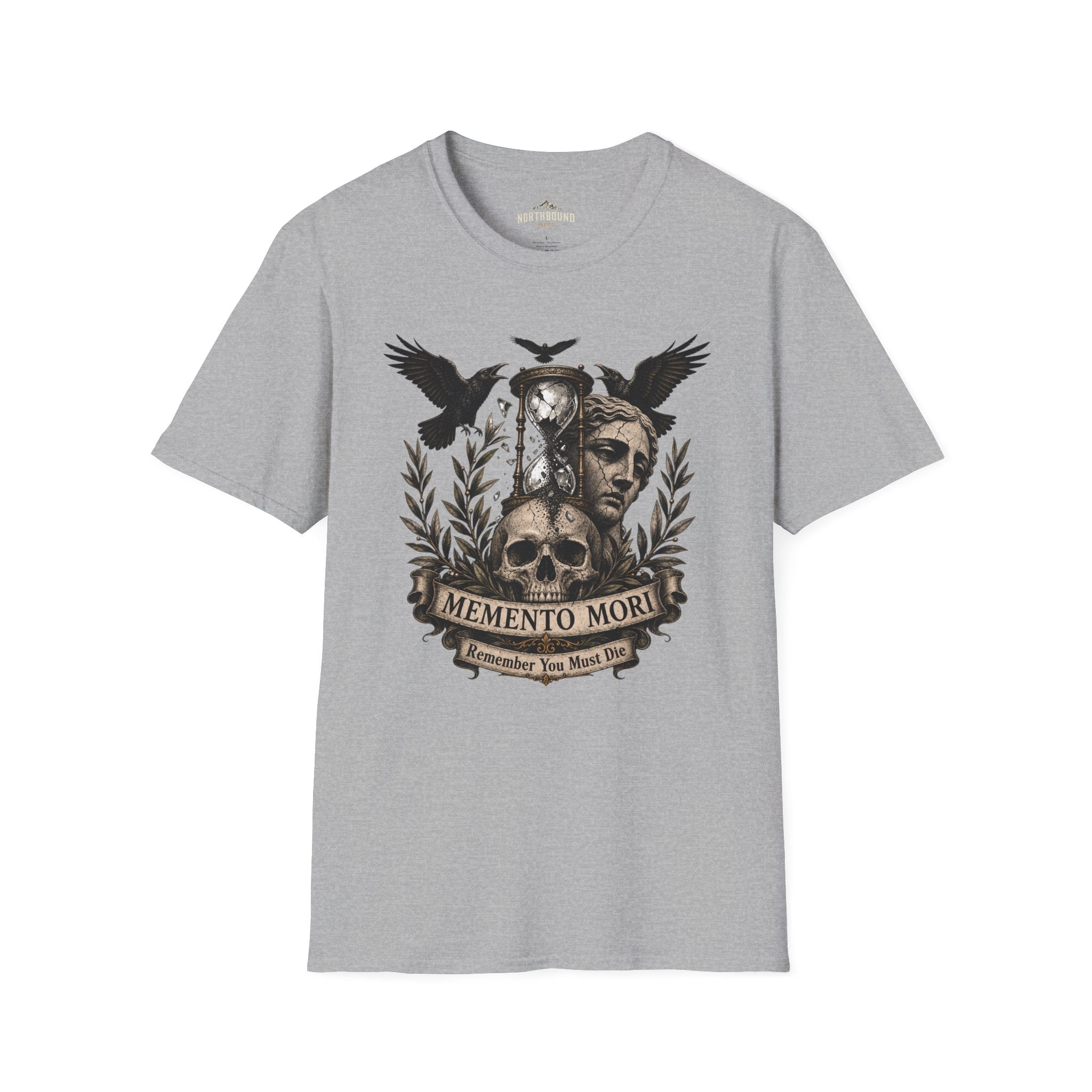 Memento Mori T-Shirt — Hourglass Statue & Ravens Vintage Death Awareness Tee