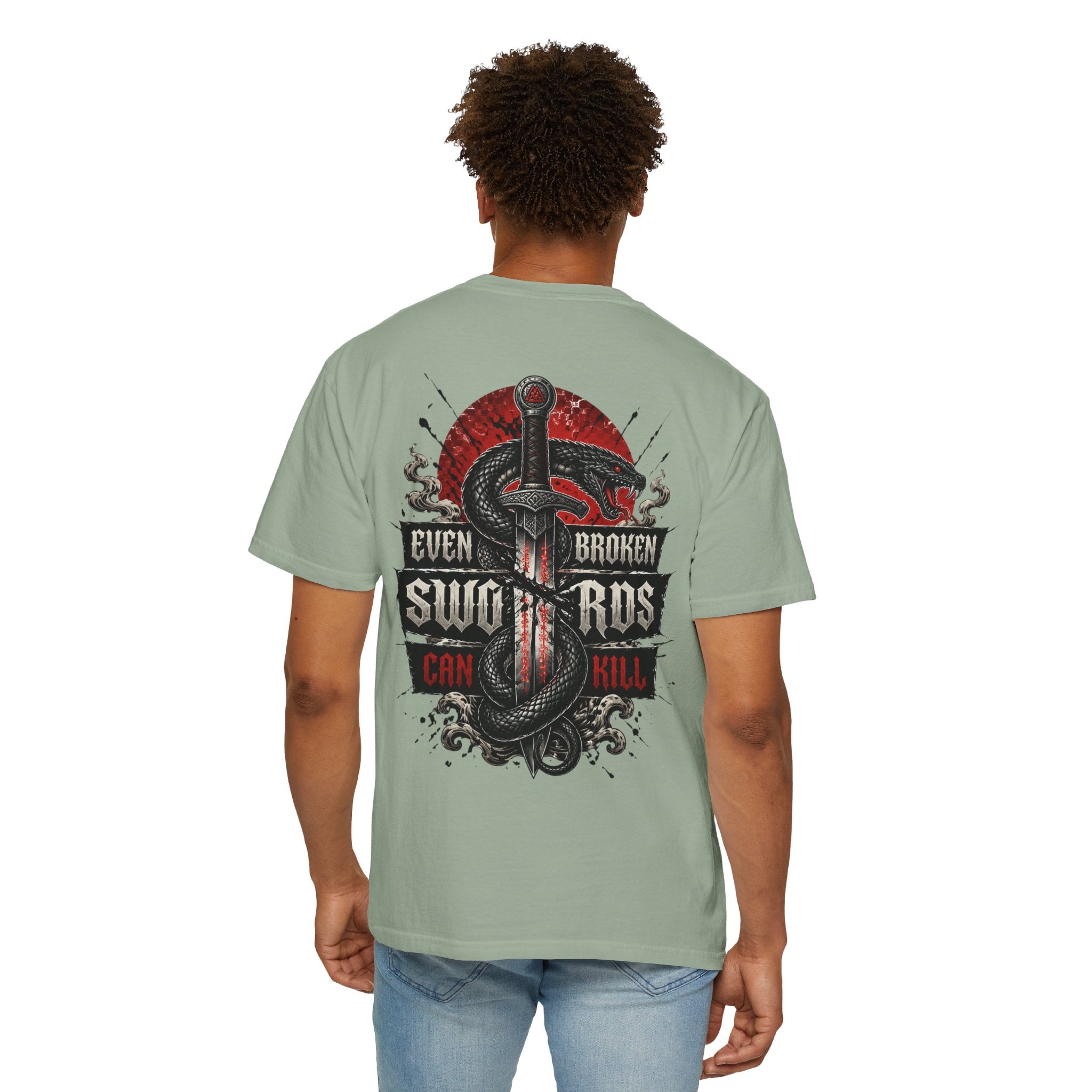 Graphic T-Shirt — "Even Broken Swords Can Kill" Snake & Dagger Back Print