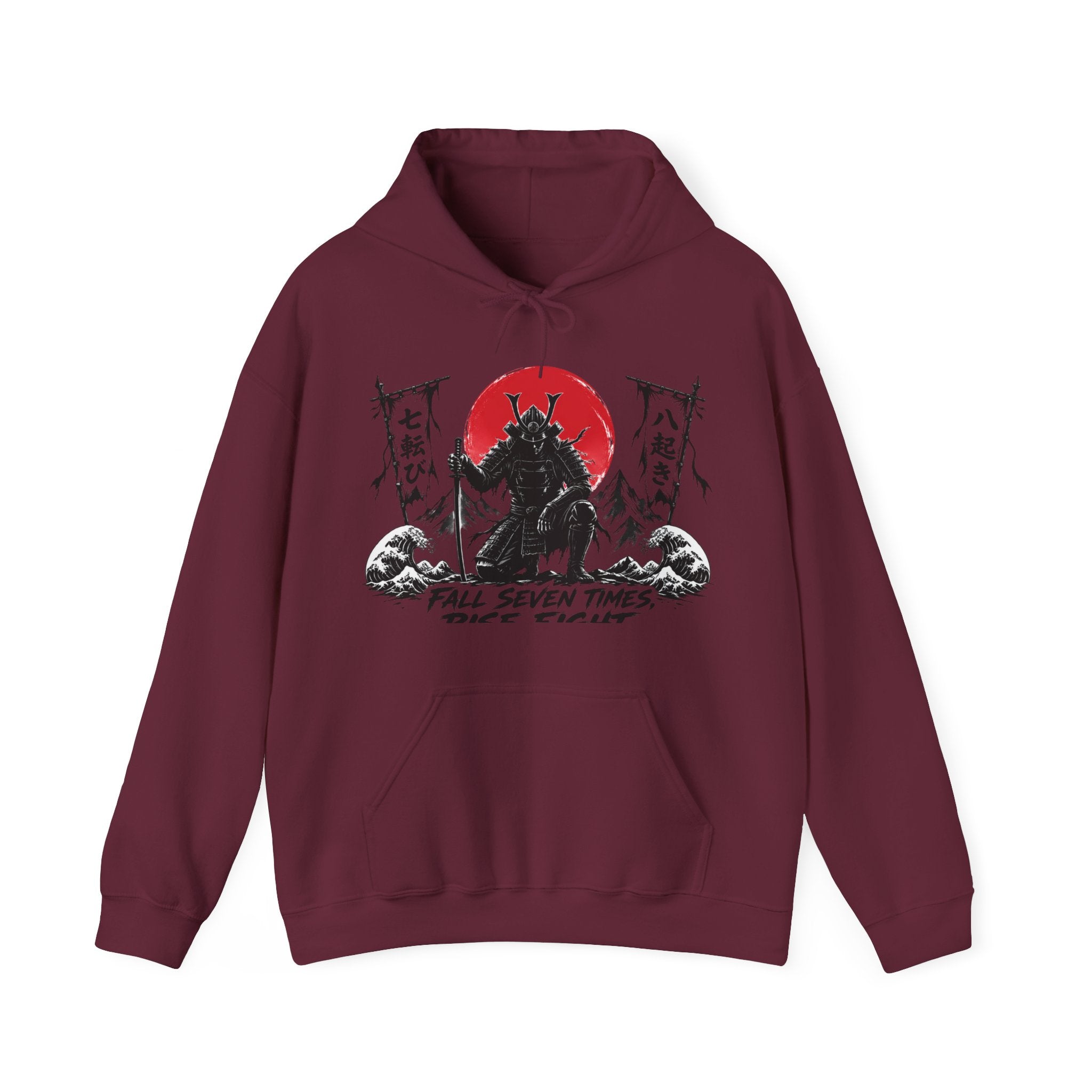 Hoodie — Samurai Wolf Graphic "Fall Seven Times, Rise Eight" Japanese Sunrise