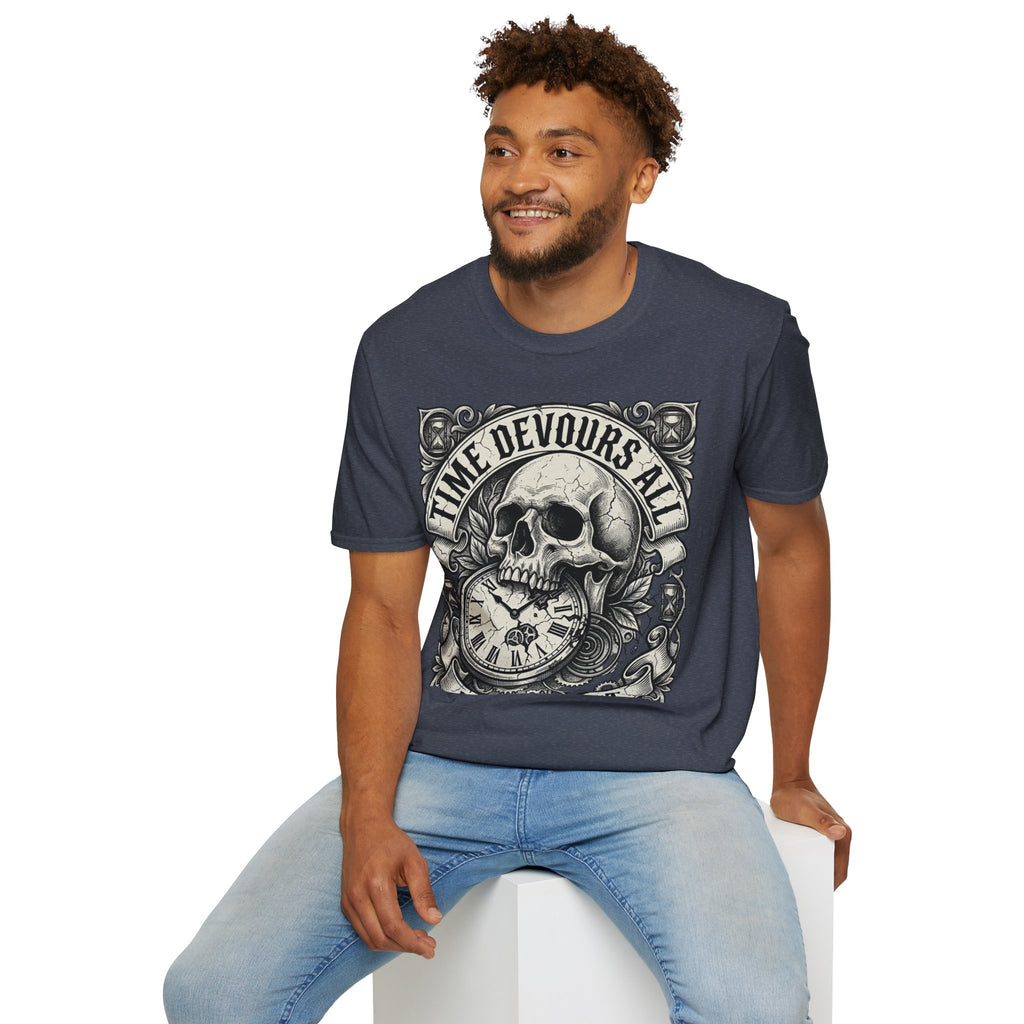 Time Devours All Skull T-Shirt – Vintage Gothic Skull & Pocket Watch Tee