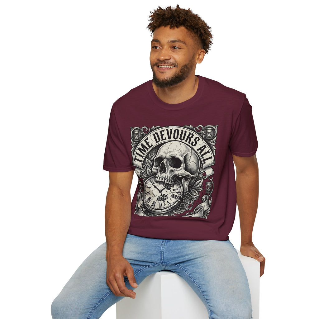 Time Devours All Skull T-Shirt – Vintage Gothic Skull & Pocket Watch Tee