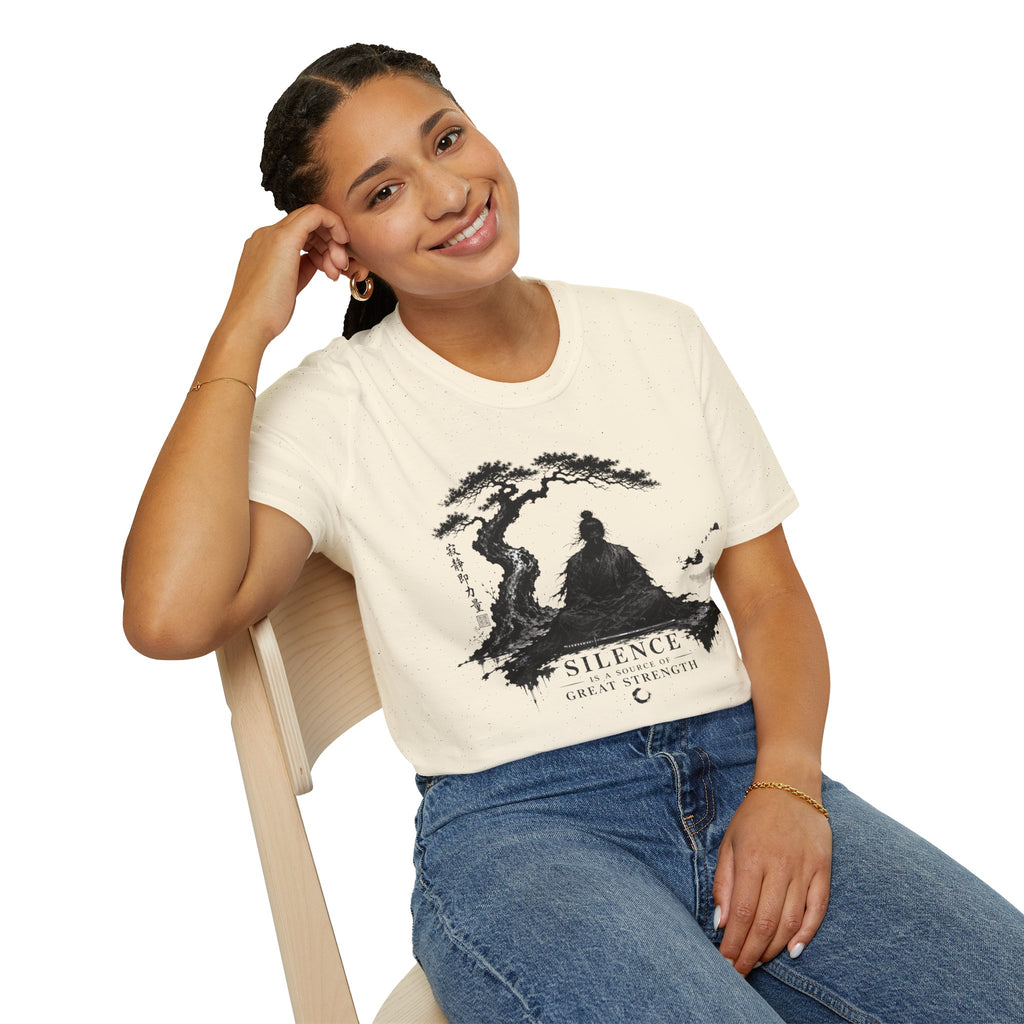 Meditation Zen T-Shirt — 'Silence Is Great Strength' Minimal Bonsai Buddha Tee