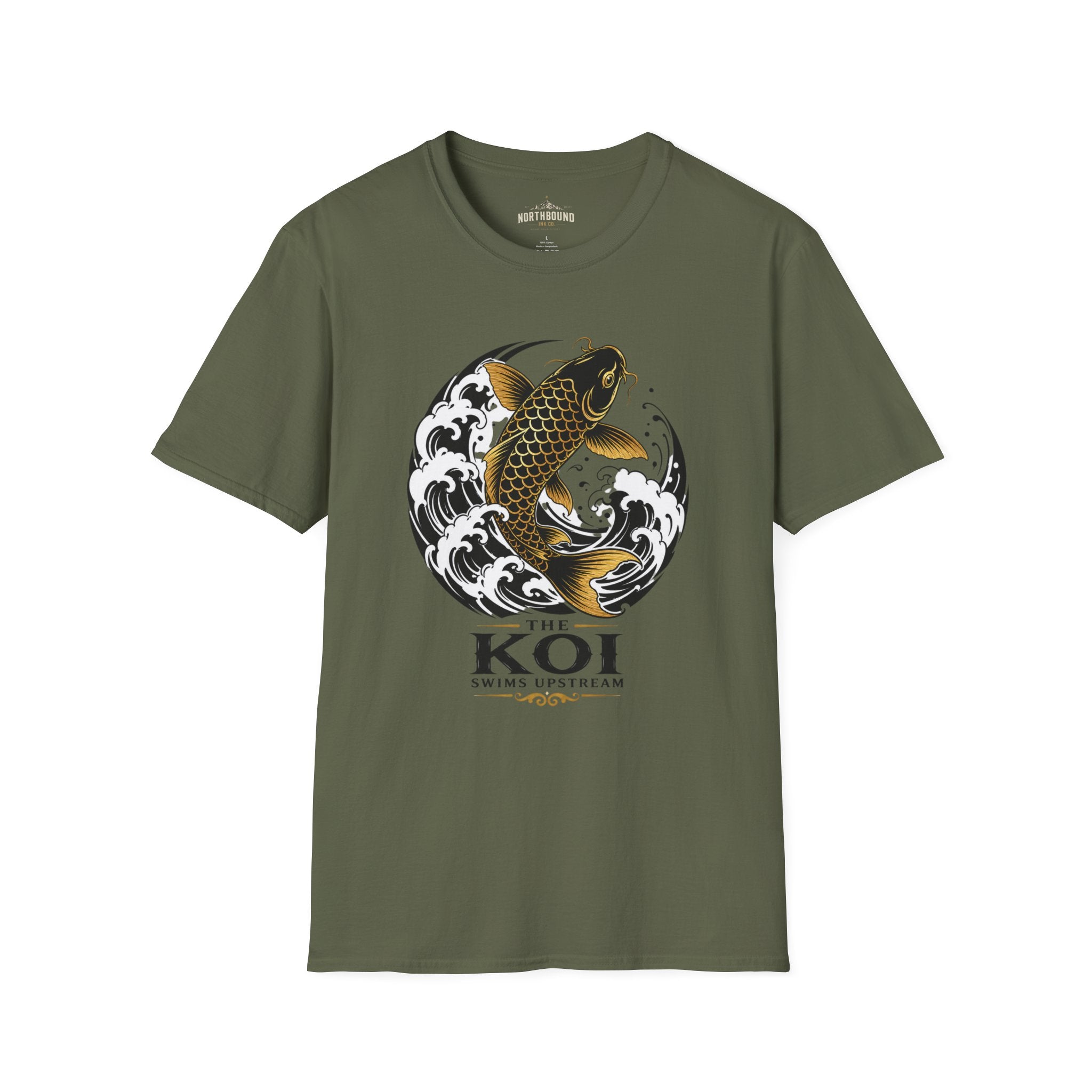 Koi Fish T-Shirt — Black & Gold Japanese Wave Graphic