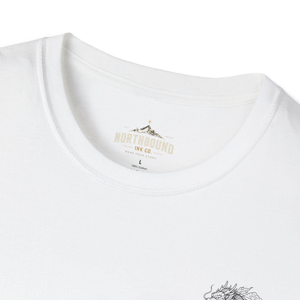 Dragon Crest Pocket T-Shirt — Small Intricate Dragon Chest Graphic