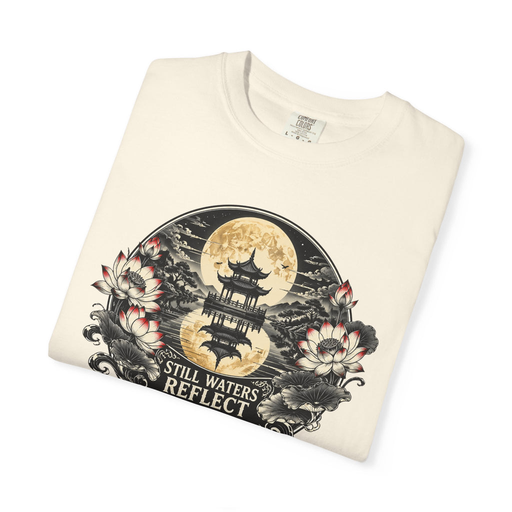 Still Waters Reflect the Moon T-Shirt — Zen Pagoda Moon Graphic Tee