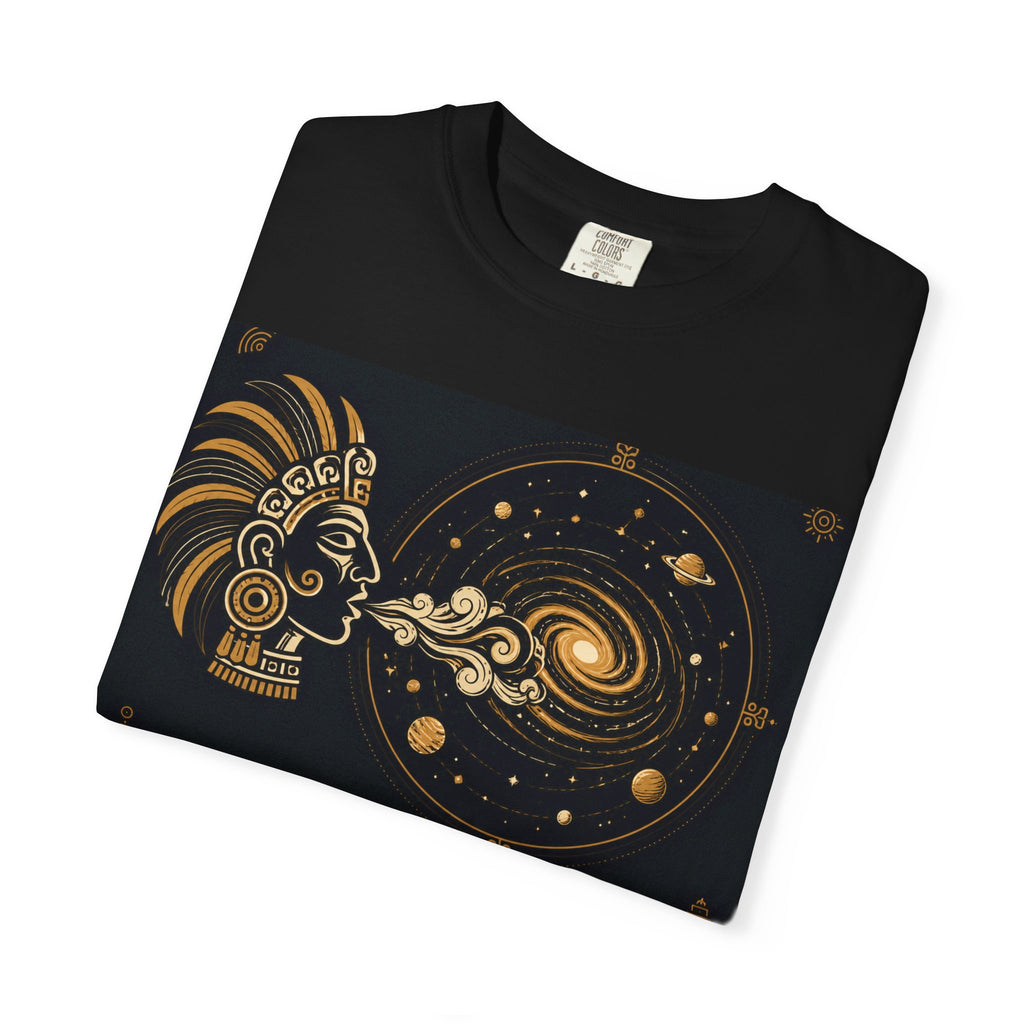Cosmic Aztec Breath T-Shirt — Golden Galaxy Illustration