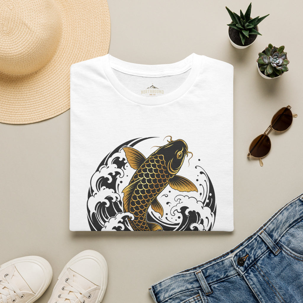 Koi Fish T-Shirt — Black & Gold Japanese Wave Graphic