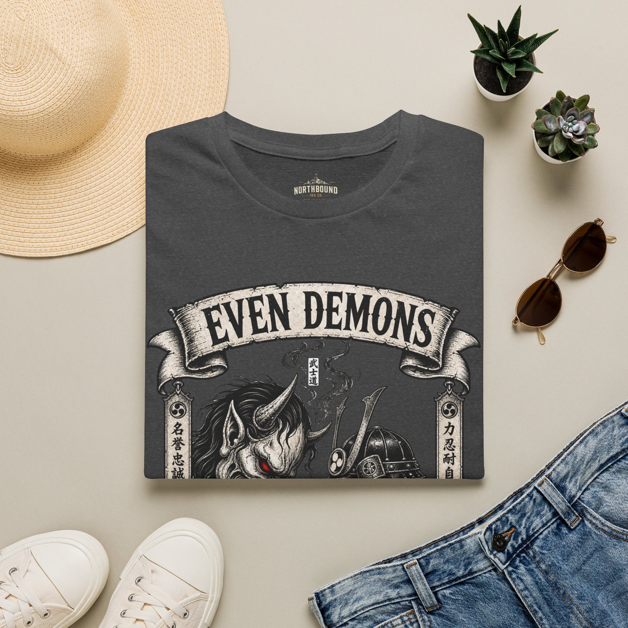 Even Demons T-Shirt — Gothic Samurai Cat Graphic Tee