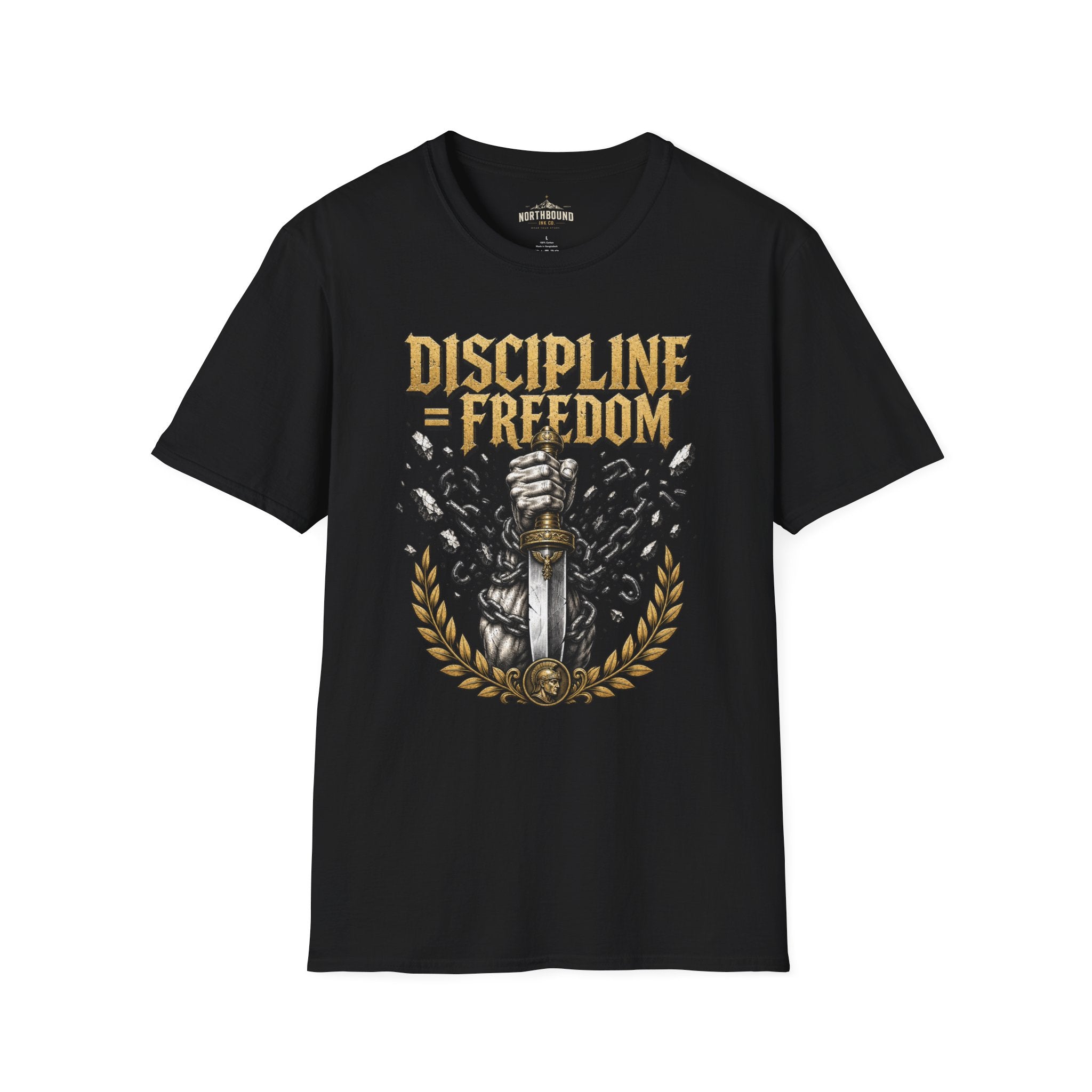 Discipline = Freedom T-Shirt — Motivational Sword & Fist Design